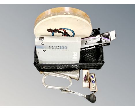 A bodhran, Philips PMC100 composer, music stand boxed, mouth organ, chrome bugle and horn 