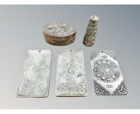 A 19th century Chinese silver sifter, height 6cm, an oval trinket box and three white metal scroll weights 