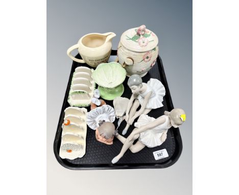 A tray of Nao and Nadal figures, Wade whisky jug, Maling, two Art Deco china toast racks 