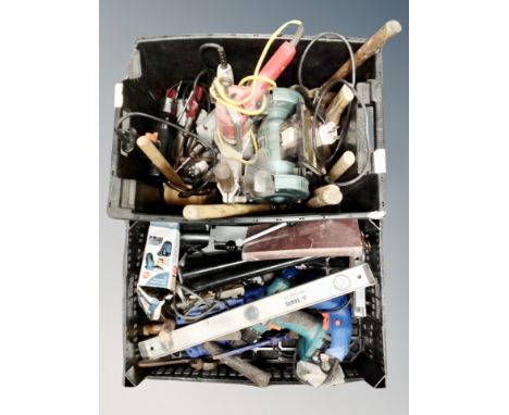 Two crates of hand tools, power tools, drills and bench grinder, drill stand, multi meter, hammers etc 