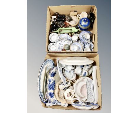 Two boxes of antique and later Continental and English ceramics, tea ware, meat plates, serving plates, Masons tea light hold
