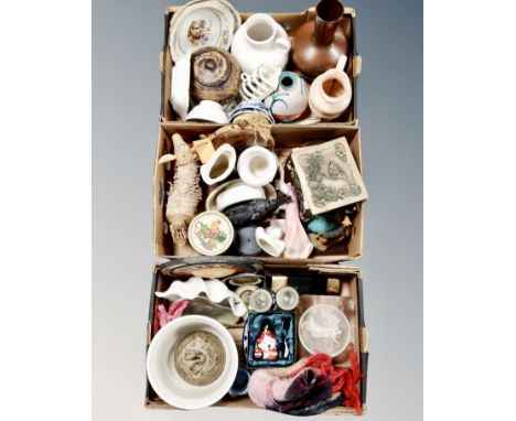 Three boxes of Art Nouveau style table box, pottery items, vases, toast racks, Barbour woolen scarf etc 