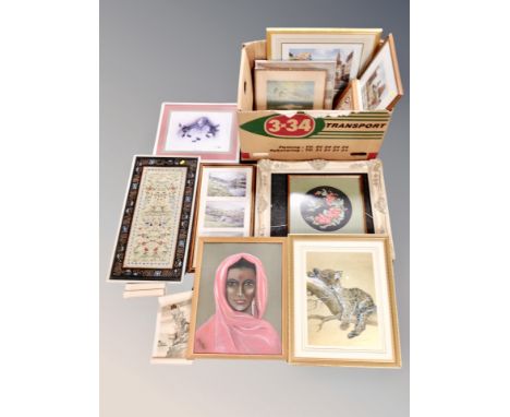 A box of pictures and frames, chalk study, Chinese silk panel etc 