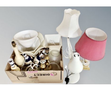 A box of assorted table lamps with shades, brass oriental and alabaster examples, angle poise table lamp 