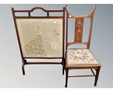 A mahogany Art Nouveau bedroom chair together with a further mahogany framed tapestry fire screen 