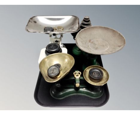 Three sets of vintage and later kitchen scales with weights 
