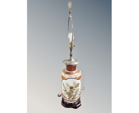 A Chinese porcelain crackle glaze table lamp on wooden stand 