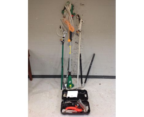A Black and Decker electric file with accessories in case together with an electric pole saw, two manual loppers and two gard