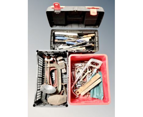Two crates and tool box containing hand tools, spanners, cobblers last, miniature bench vice, G-clamps 