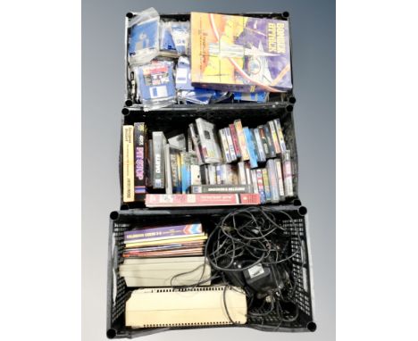 Three crates of Atari 1050 floppy disc drive, Atari 410 programme recorder, leads, discs, cassette games 