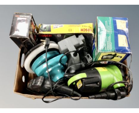 A box of power tools including Wicks 180w detail sander, Bosch PST650 jigsaw, Black & Decker drill, car polisher, Floabest su