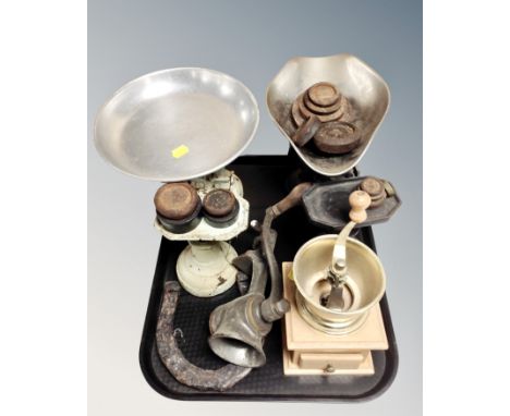 Kitchen scales with weights, coffee grinder, mincer 