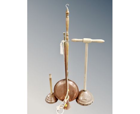An antique copper beech handled bed warming pan together with two further copper poss sticks, copper and brass hunting horn 