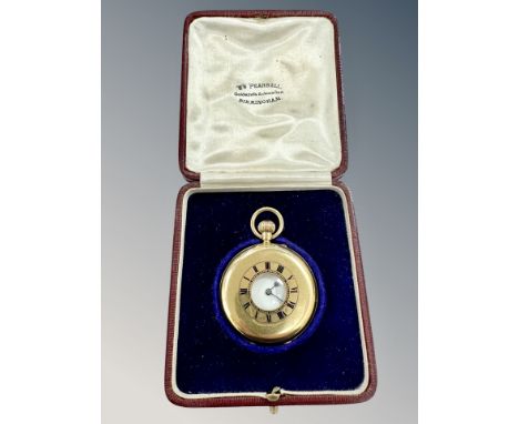 A good 18ct gold half hunter pocket watch, lever movement signed Rotherham, London and numbered 375091, inner cover with pres