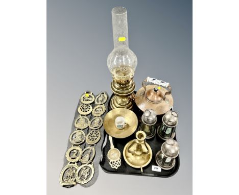 A tray of brass oil lamp, candlelight's, copper tea pot 
