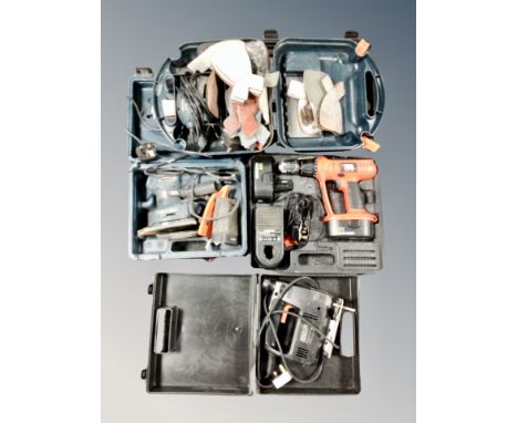 A Black & Decker 18 volt cordless electric drill with battery and charger, Black & Decker 4 in 1 sander, Black & Decker mouse
