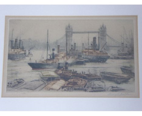 Henry George Walker (1876-1932), Thames with Tower Bridge to the foreground, etching , signed lower right in pencil, H.27cm W