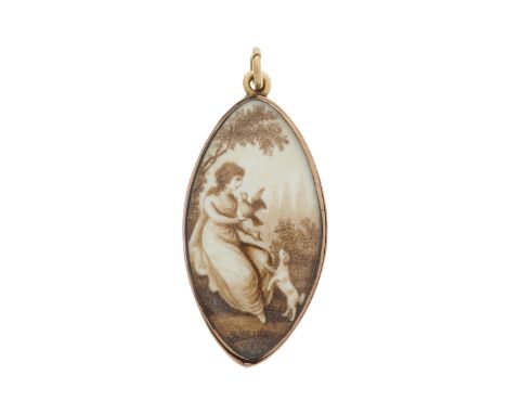 A late Georgian gold, sepia on ivory pendant, painted to depict a seated lady with a bird and a dog in landscape, length 4.2c