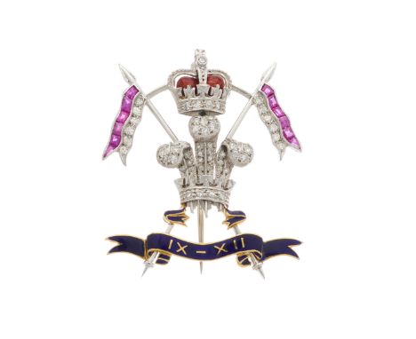 A mid 20th century 9th / 12th Royal Lancer single-cut diamond, calibre-cut ruby and polychrome enamel regimental brooch, esti