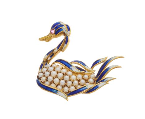 An 18ct gold pearl and enamel swan brooch, with ruby eye detail and yellow enamel beak, stamped 750, length 4.3cm, 12.1gCondi