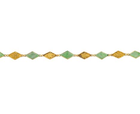 An early 20th century Chinese 18ct gold jade cabochon bracelet, with textured spacers and push-piece clasp, stamped 18, lengt