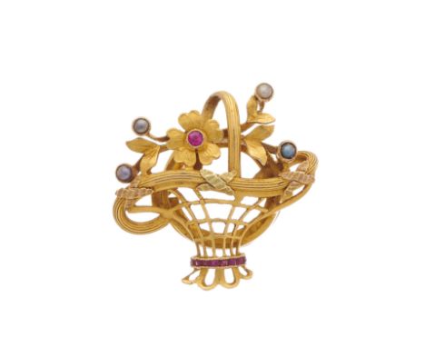 An early 20th century French 18ct gold, vari-cut ruby and split pearl jardiniere brooch, with hinged clip fittings to reverse