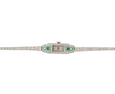 An Art Deco platinum, emerald and circular-cut diamond cocktail bracelet watch, estimated total diamond weight 2.20ct, I-J co