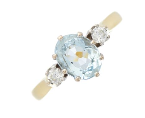 An 18ct gold aquamarine and brilliant-cut diamond three-stone ring, aquamarine estimated weight 1.10ct, estimated total diamo