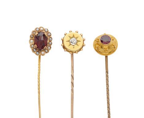 A selection of seven diamond and gem-set stick pins, to include three Victorian old-cut diamond examples, estimated total dia