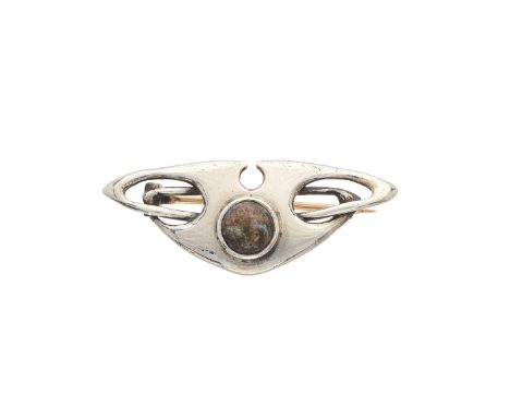 William Hair Haseler for Liberty & Co., an Art Nouveau silver, boulder opal cabochon brooch, with openwork surround, maker's 