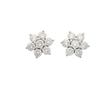 A pair of 18ct white gold brilliant-cut diamond floral cluster earrings, estimated total diamond weight 2.10ct, I-J colour, V