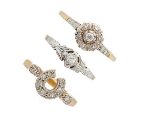 Three mid 20th century 18ct gold and platinum, diamond and colourless gem dress rings, to include a single-cut diamond horses