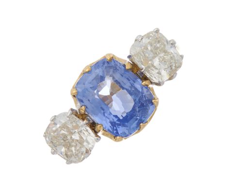 An 18ct gold cushion-shape sapphire and cushion-shape diamond three-stone ring, sapphire estimated weight 3.20ct, estimated t