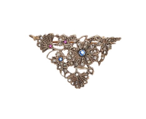 A late 19th century gold and silver, sapphire, ruby and rose-cut diamond openwork floral brooch, with safety chain, length 3.