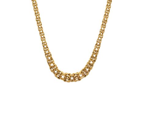 A 9ct gold graduated fancy-link necklace, with lobster clasp, length 43.5cm, 12.1gCondition- Overall good condition- Light su
