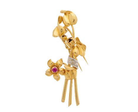 A mid 20th century 18ct gold old-cut diamond floral spray brooch, with circular-shape ruby highlight, stamped 750, length 6.5
