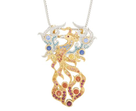 An 18ct gold vari-hue sapphire, ruby and diamond phoenix necklace, convertible into a brooch, with 18ct gold fancy-link chain