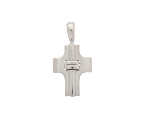 An 18ct gold cross pendant, with grooved, central overlay and tapered surmount, Italian marks, stamped 750, length 3.6cm, 8gC