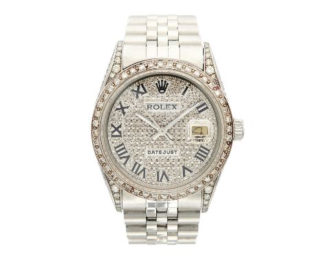 Rolex, a stainless steel Oyster Perpetual Datejust bracelet watch, diamond-set case, bezel and dial, reference 16014, signed 