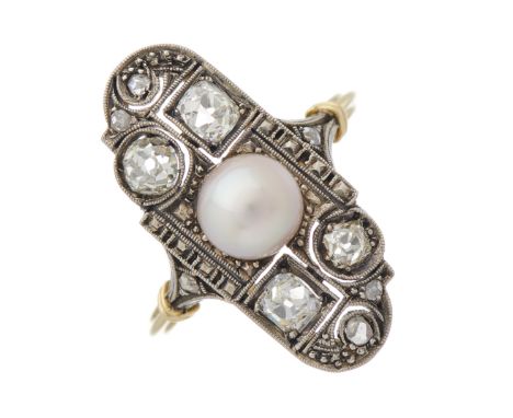 An early 20th century 14ct gold pearl and old-cut diamond openwork dress ring, pearl measures approximately 6.5mm, estimated 