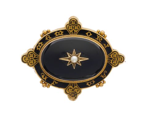 A late Victorian gold, onyx, split pearl and black enamel mourning brooch, with 'In Memoriam' script and glazed reverse, leng