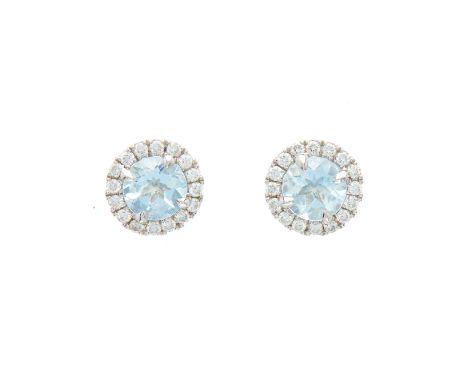 A pair of 18ct gold aquamarine and brilliant-cut diamond cluster stud earrings, estimated total diamond weight 0.30ct, stampe