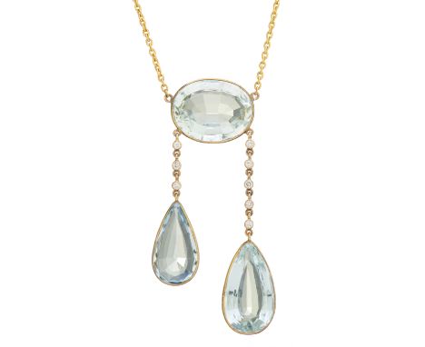 An early 20th century 18ct gold vari-shape aquamarine and old-cut diamond negligee necklace, aquamarine estimated weights 13.