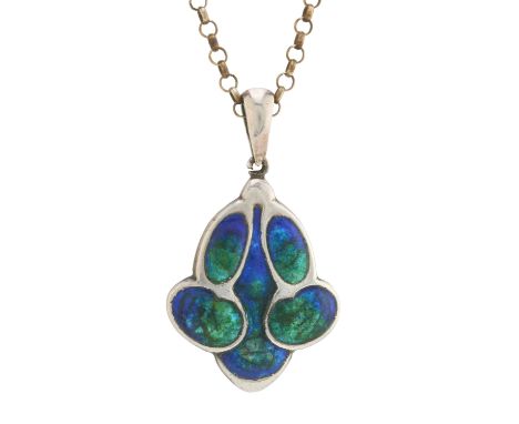 William Hair Haseler for Liberty & Co., an Art Nouveau silver and enamel pendant, suspended from a non-designer chain, design