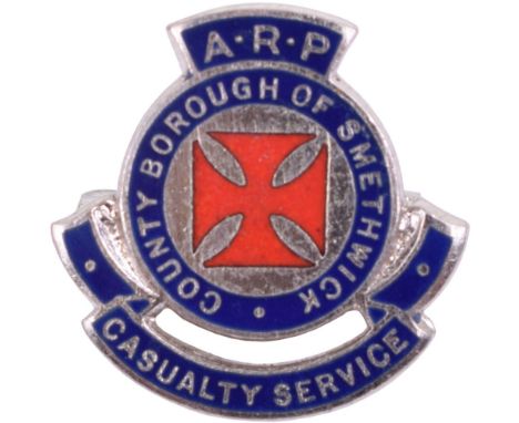 WW2 ARP County Borough of Smethwick Casualty Service Lapel Badge, chrome and enamel pin back badge. H W Miller Ltd, Birmingha