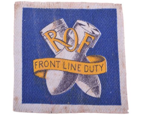 WW2 Royal Ordnance Factory Overalls Cloth Formation Sign, printed example with crossed bombs and ROF on top with scroll “FRON