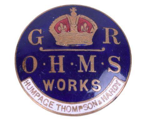 Great War Humpage Thompson & Hardy OHMS Works Lapel Badge, gilt and enamel example with lapel fitting to the reverse and make