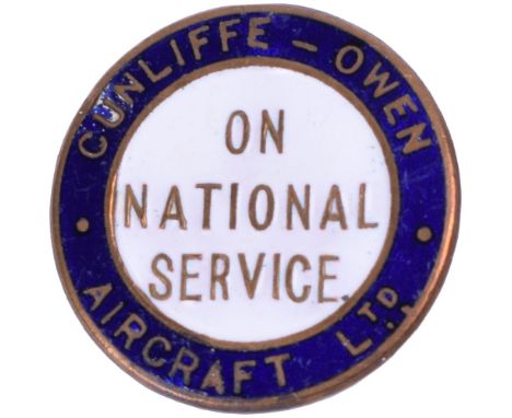 WW2 Cunliffe Owen Aircraft Ltd On National Service Lapel Badge, gilt and enamel example, pin back fitting to the reverse. Num