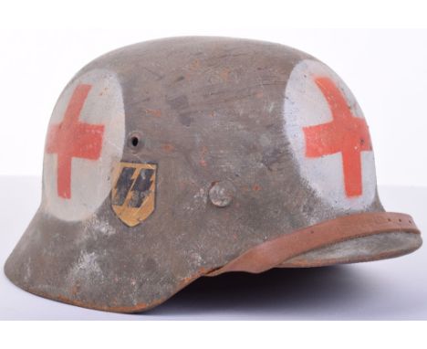 Waffen SS Double Decal Medics Steel Helmet, being an original shell which has been refurbished post war to a high standard wi