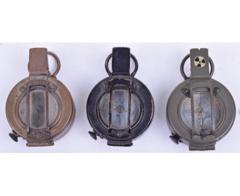 Three British Army Issue Compasses, consisting of a brass 1940 dated Mk III example, 1939 dated Mk I example retaining much o